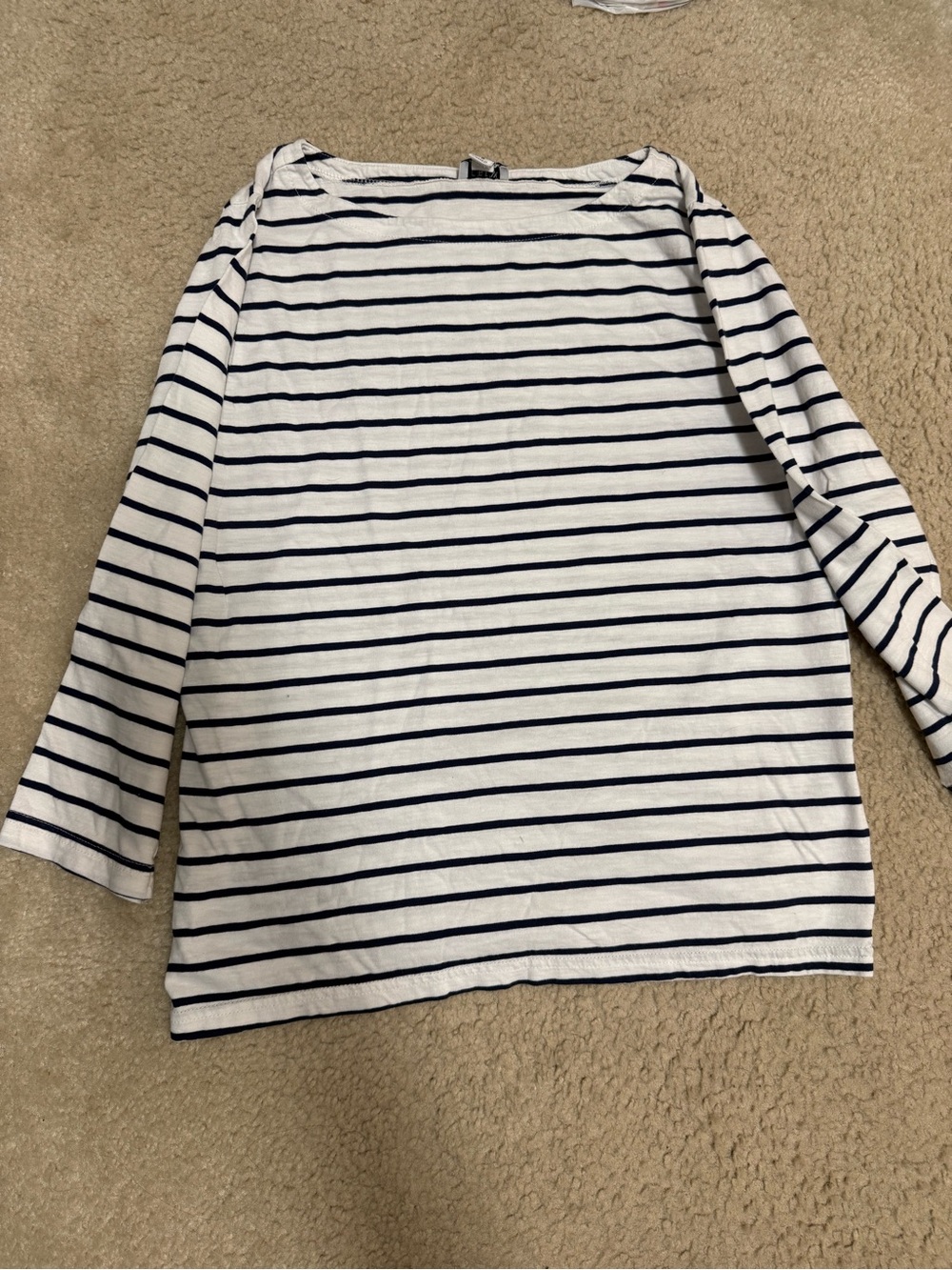 J. Crew White and Navy Striped Boatneck 3/4 Sleeve Tee